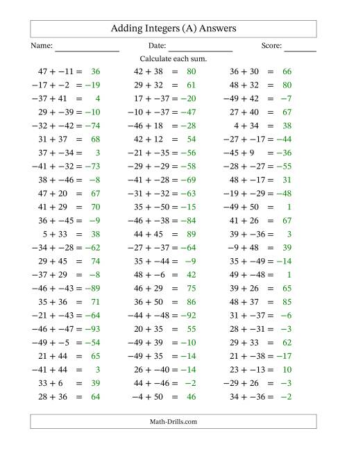 The Adding Mixed Integers from -50 to 50 (75 Questions; No Parentheses) (A) Math Worksheet Page 2