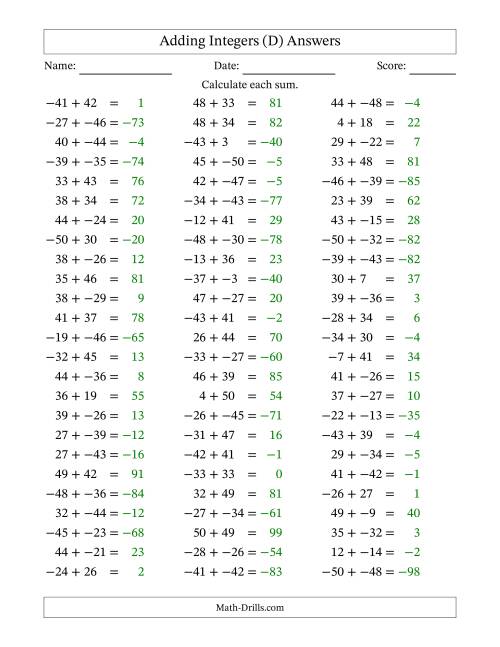 The Adding Mixed Integers from -50 to 50 (75 Questions; No Parentheses) (D) Math Worksheet Page 2