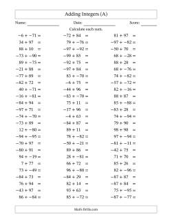 Adding Mixed Integers from -99 to 99 (75 Questions; No Parentheses)