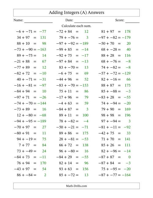 The Adding Mixed Integers from -99 to 99 (75 Questions; No Parentheses) (A) Math Worksheet Page 2