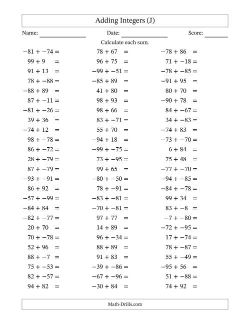 The Adding Mixed Integers from -99 to 99 (75 Questions; No Parentheses) (J) Math Worksheet