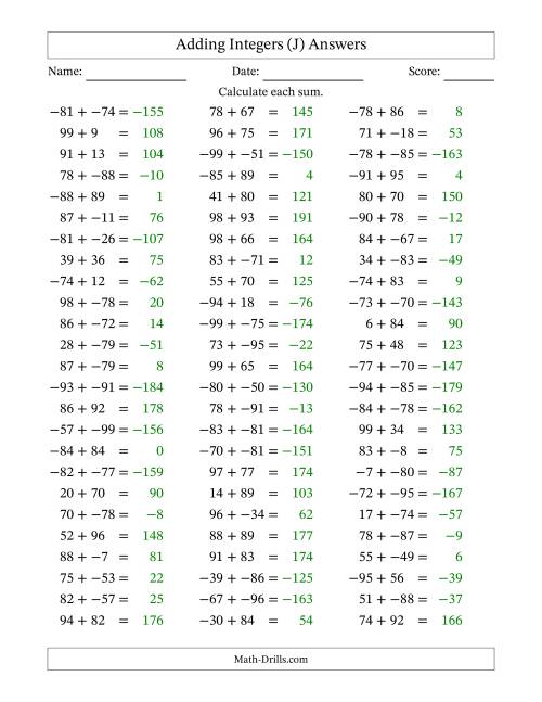 The Adding Mixed Integers from -99 to 99 (75 Questions; No Parentheses) (J) Math Worksheet Page 2