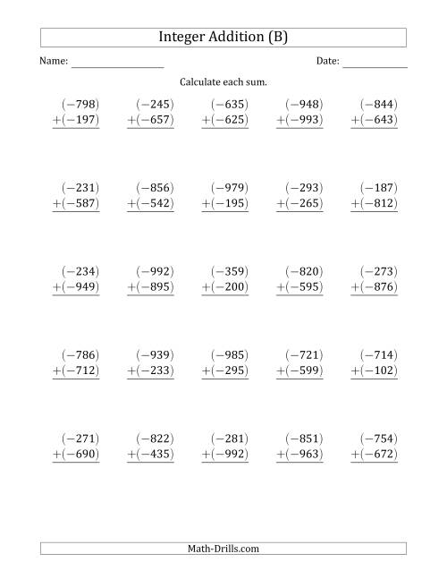 The Three-Digit Negative Plus a Negative Integer Addition (Vertically Arranged) (B) Math Worksheet