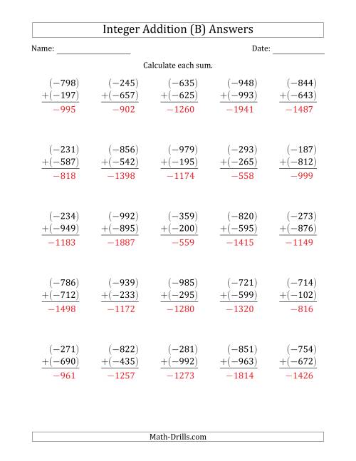 The Three-Digit Negative Plus a Negative Integer Addition (Vertically Arranged) (B) Math Worksheet Page 2
