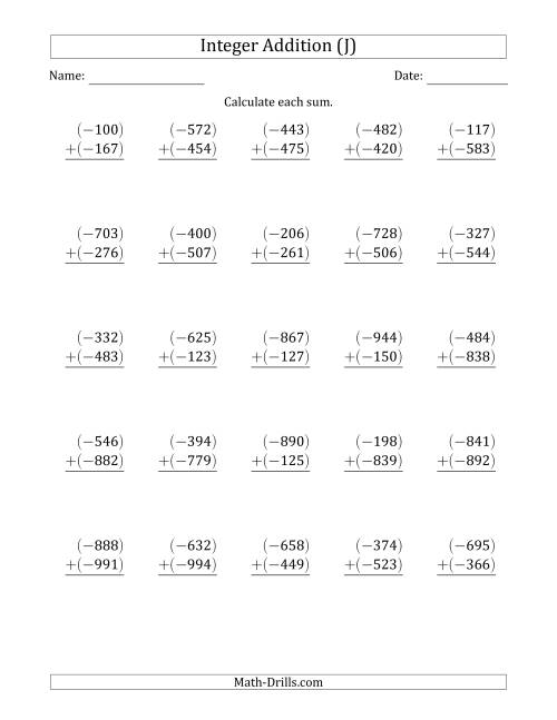 The Three-Digit Negative Plus a Negative Integer Addition (Vertically Arranged) (J) Math Worksheet