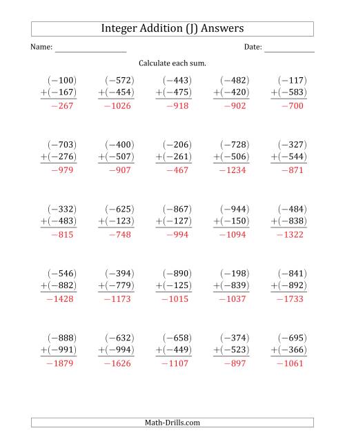 The Three-Digit Negative Plus a Negative Integer Addition (Vertically Arranged) (J) Math Worksheet Page 2