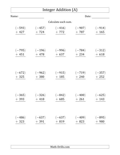The Three-Digit Negative Plus a Positive Integer Addition (Vertically Arranged) (A) Math Worksheet