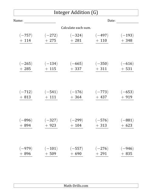 The Three-Digit Negative Plus a Positive Integer Addition (Vertically Arranged) (G) Math Worksheet
