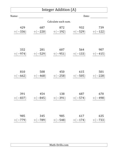 The Three-Digit Positive Plus a Negative Integer Addition (Vertically Arranged) (A) Math Worksheet
