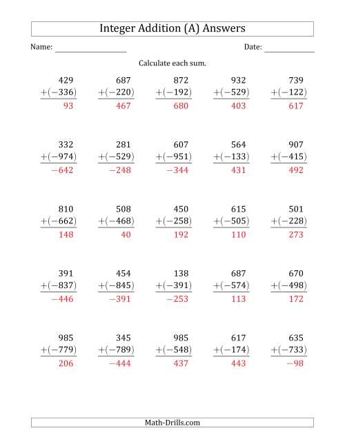 The Three-Digit Positive Plus a Negative Integer Addition (Vertically Arranged) (A) Math Worksheet Page 2
