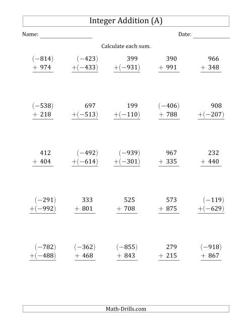 The Three-Digit Integer Addition (Vertically Arranged) (A) Math Worksheet