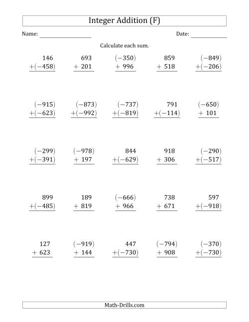 The Three-Digit Integer Addition (Vertically Arranged) (F) Math Worksheet