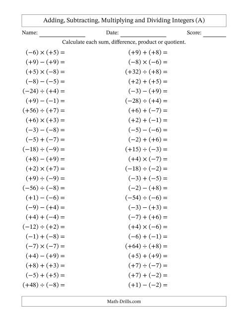The Adding, Subtracting, Multiplying and Dividing Mixed Integers from -9 to 9 (50 Questions; All Parentheses) (A) Math Worksheet