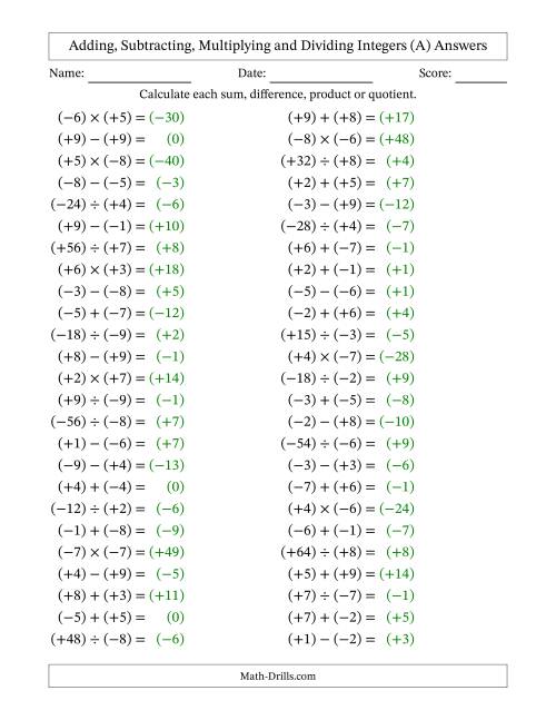 The Adding, Subtracting, Multiplying and Dividing Mixed Integers from -9 to 9 (50 Questions; All Parentheses) (A) Math Worksheet Page 2