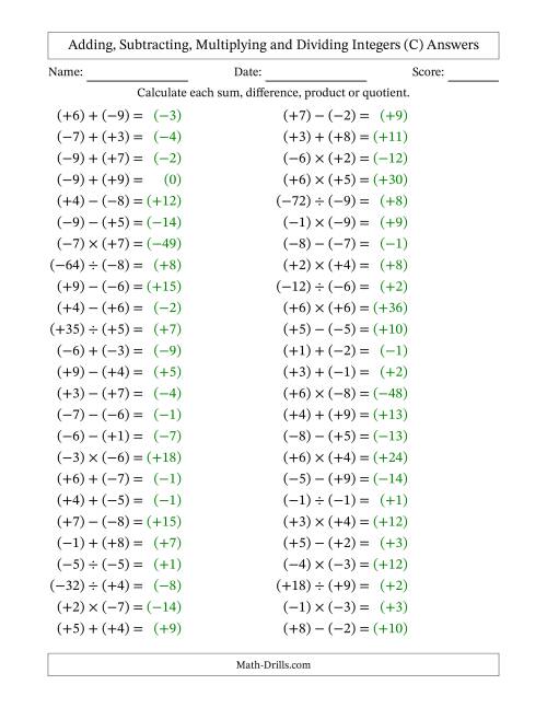 All Operations with Integers (Range -9 to 9) with All Integers in