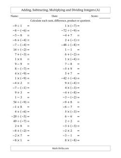 Adding, Subtracting, Multiplying and Dividing Mixed Integers from -9 to 9 (50 Questions)