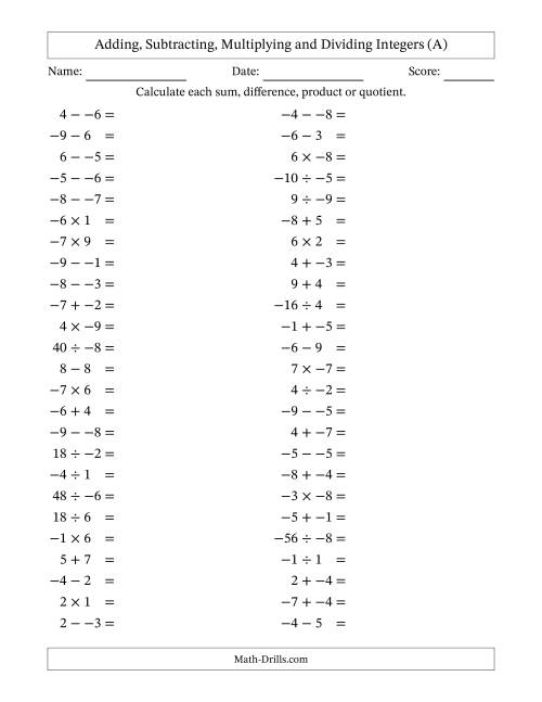 The Adding, Subtracting, Multiplying and Dividing Mixed Integers from -9 to 9 (50 Questions; No Parentheses) (A) Math Worksheet