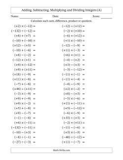 Adding, Subtracting, Multiplying and Dividing Mixed Integers from -12 to 12 (50 Questions; All Parentheses)