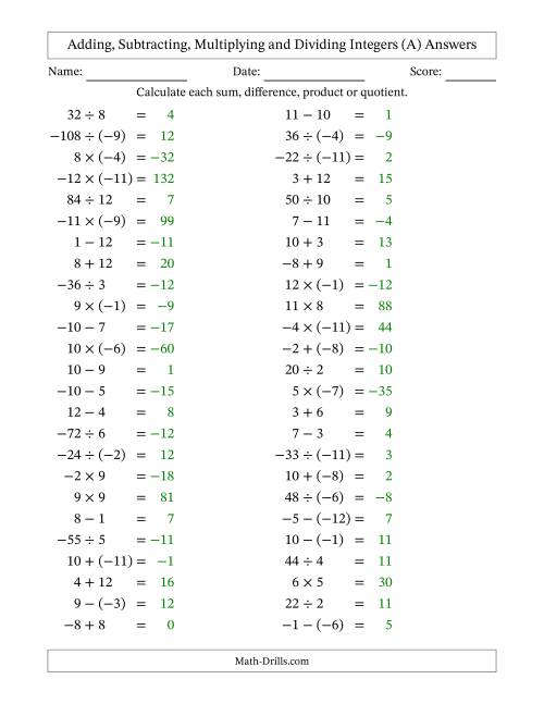 The Adding, Subtracting, Multiplying and Dividing Mixed Integers from -12 to 12 (50 Questions) (A) Math Worksheet Page 2