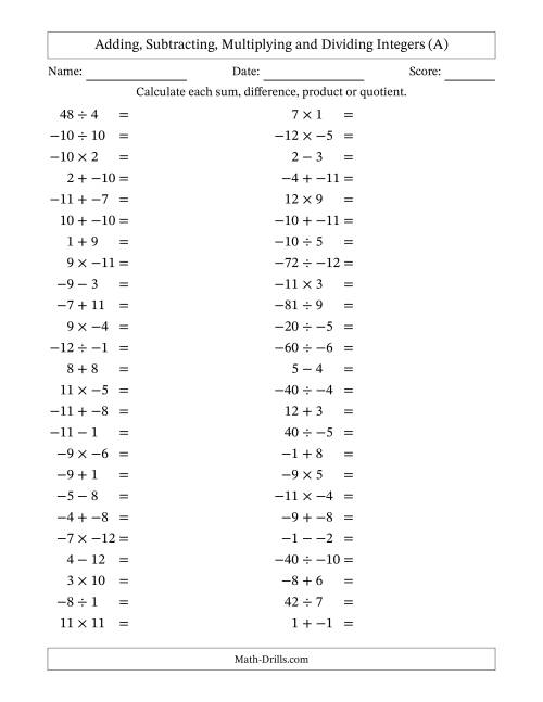 The Adding, Subtracting, Multiplying and Dividing Mixed Integers from -12 to 12 (50 Questions; No Parentheses) (A) Math Worksheet