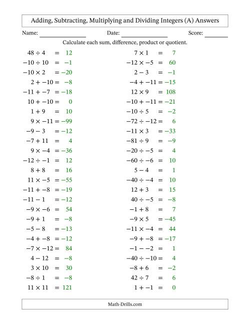 The Adding, Subtracting, Multiplying and Dividing Mixed Integers from -12 to 12 (50 Questions; No Parentheses) (A) Math Worksheet Page 2
