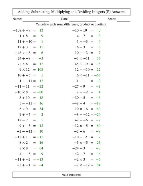 All Operations with Integers (Range -12 to 12) with No Parentheses (E)