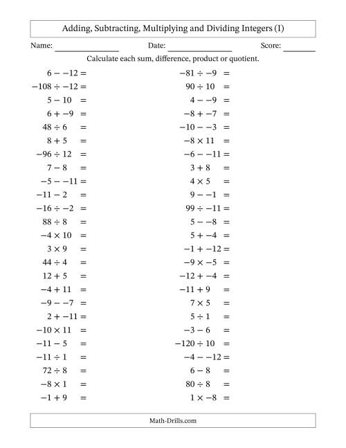 All Operations with Integers (Range -12 to 12) with No ...