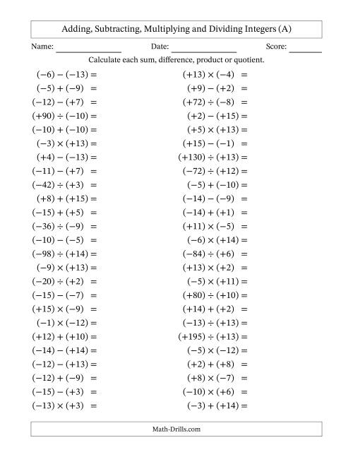 The Adding, Subtracting, Multiplying and Dividing Mixed Integers from -15 to 15 (50 Questions; All Parentheses) (A) Math Worksheet