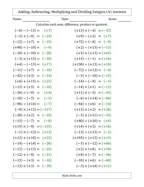 The Adding, Subtracting, Multiplying and Dividing Mixed Integers from -15 to 15 (50 Questions; All Parentheses) (A) Math Worksheet Page 2