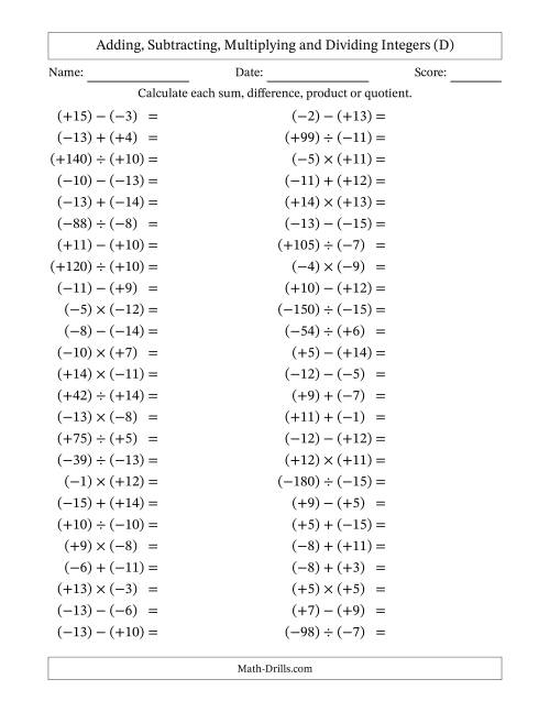 The Adding, Subtracting, Multiplying and Dividing Mixed Integers from -15 to 15 (50 Questions; All Parentheses) (D) Math Worksheet