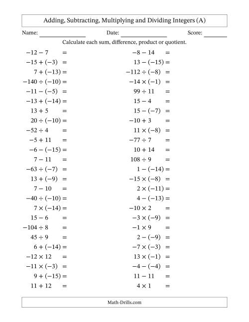 The Adding, Subtracting, Multiplying and Dividing Mixed Integers from -15 to 15 (50 Questions) (A) Math Worksheet