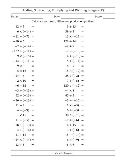 All Operations with Integers (Range -15 to 15) with Negative Integers ...