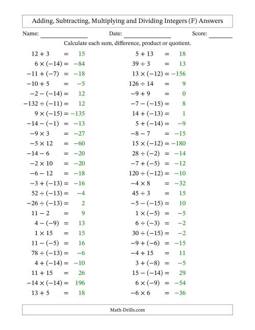 The Adding, Subtracting, Multiplying and Dividing Mixed Integers from -15 to 15 (50 Questions) (F) Math Worksheet Page 2