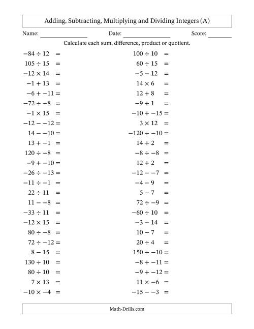 The Adding, Subtracting, Multiplying and Dividing Mixed Integers from -15 to 15 (50 Questions; No Parentheses) (A) Math Worksheet