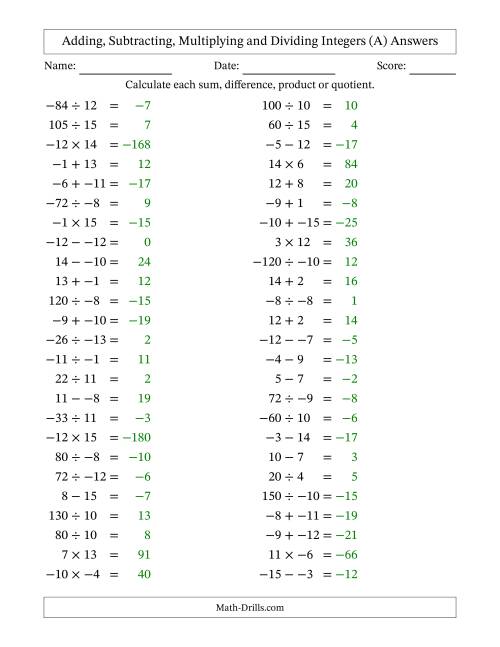 The Adding, Subtracting, Multiplying and Dividing Mixed Integers from -15 to 15 (50 Questions; No Parentheses) (A) Math Worksheet Page 2
