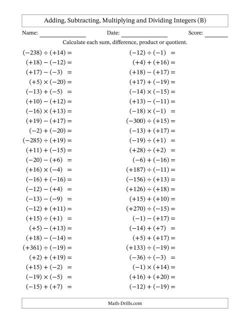 The Adding, Subtracting, Multiplying and Dividing Mixed Integers from -20 to 20 (50 Questions; All Parentheses) (B) Math Worksheet