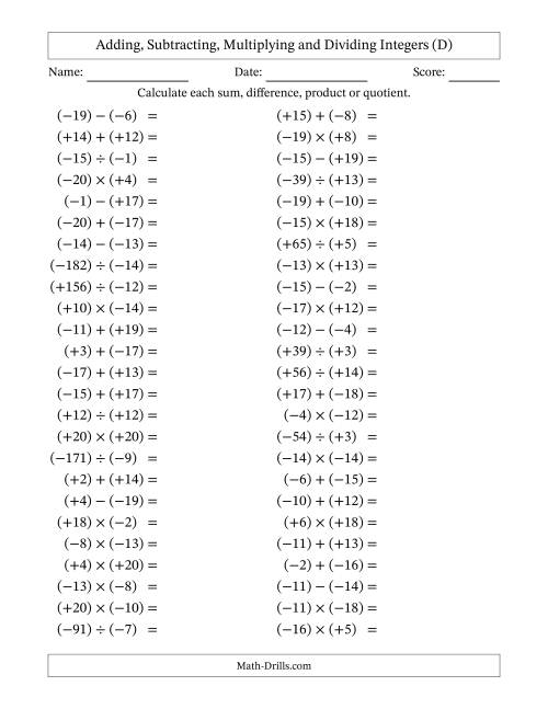 The Adding, Subtracting, Multiplying and Dividing Mixed Integers from -20 to 20 (50 Questions; All Parentheses) (D) Math Worksheet