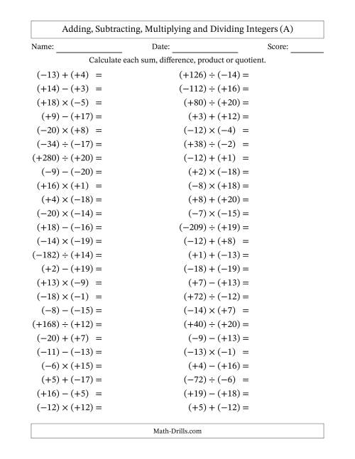 The Adding, Subtracting, Multiplying and Dividing Mixed Integers from -20 to 20 (50 Questions; All Parentheses) (All) Math Worksheet