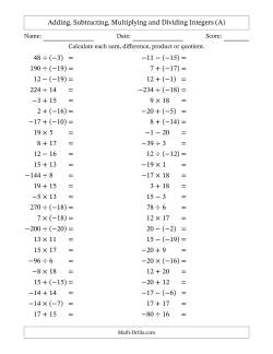 Adding, Subtracting, Multiplying and Dividing Mixed Integers from -20 to 20 (50 Questions)