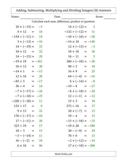 The Adding, Subtracting, Multiplying and Dividing Mixed Integers from -20 to 20 (50 Questions) (B) Math Worksheet Page 2