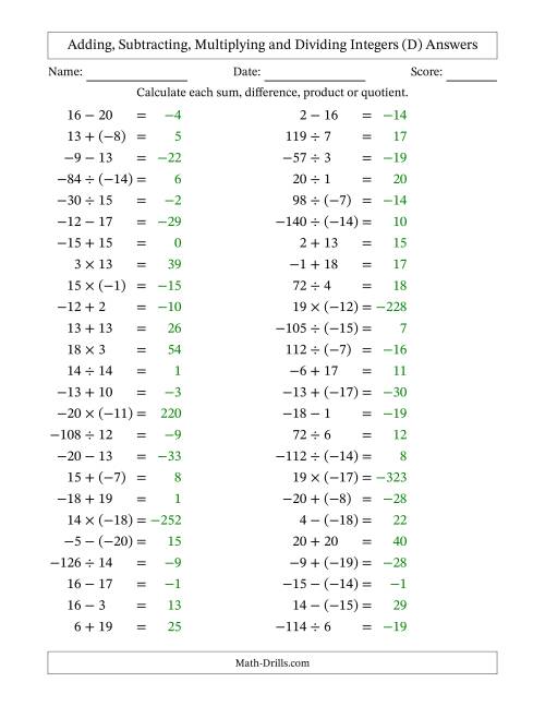 The Adding, Subtracting, Multiplying and Dividing Mixed Integers from -20 to 20 (50 Questions) (D) Math Worksheet Page 2