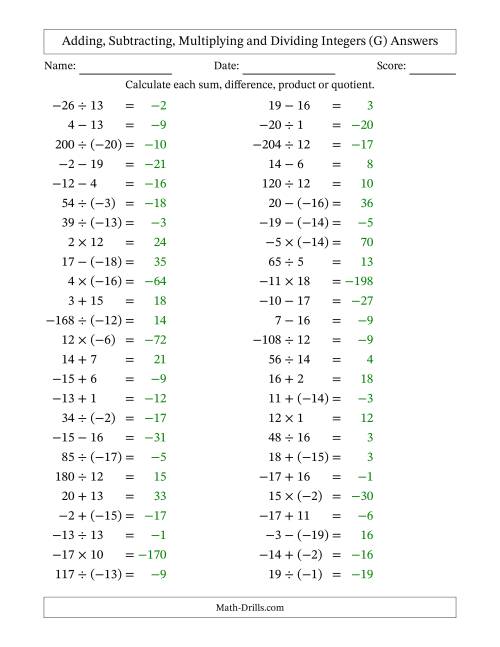 The Adding, Subtracting, Multiplying and Dividing Mixed Integers from -20 to 20 (50 Questions) (G) Math Worksheet Page 2