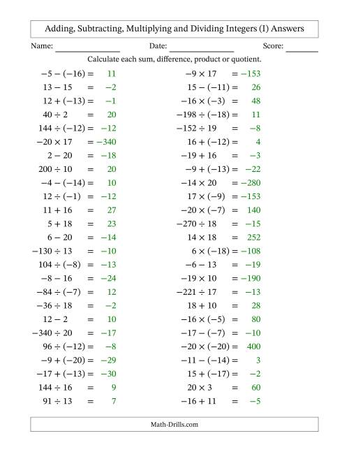 The Adding, Subtracting, Multiplying and Dividing Mixed Integers from -20 to 20 (50 Questions) (I) Math Worksheet Page 2