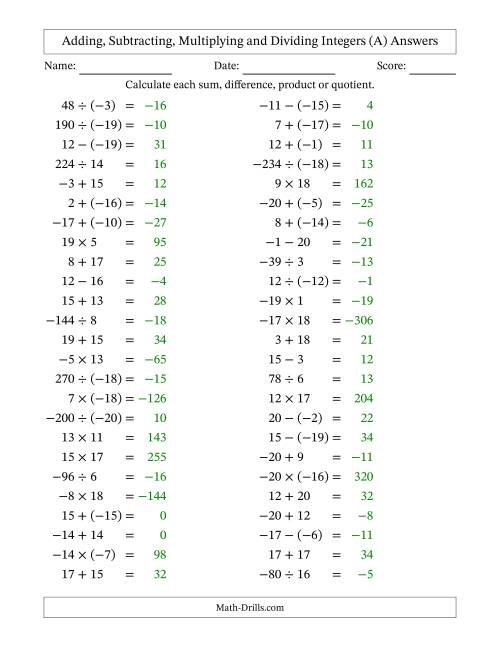 The Adding, Subtracting, Multiplying and Dividing Mixed Integers from -20 to 20 (50 Questions) (All) Math Worksheet Page 2