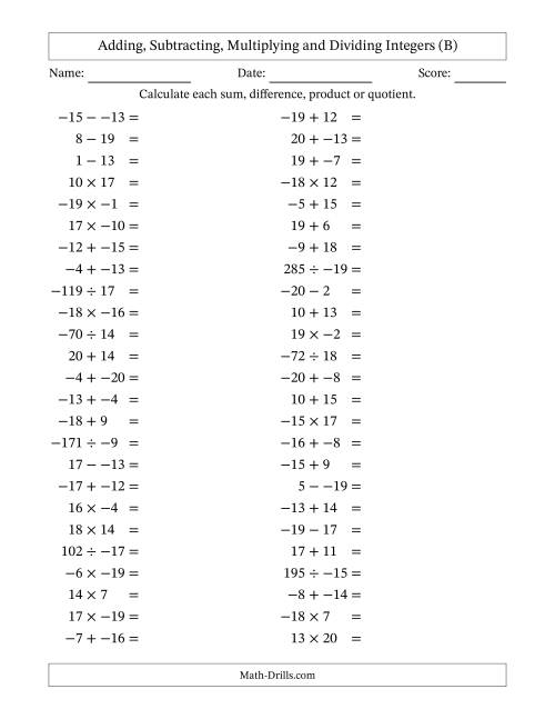 The Adding, Subtracting, Multiplying and Dividing Mixed Integers from -20 to 20 (50 Questions; No Parentheses) (B) Math Worksheet