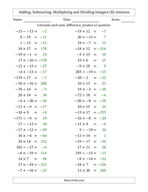 The Adding, Subtracting, Multiplying and Dividing Mixed Integers from -20 to 20 (50 Questions; No Parentheses) (B) Math Worksheet Page 2