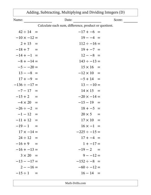 The Adding, Subtracting, Multiplying and Dividing Mixed Integers from -20 to 20 (50 Questions; No Parentheses) (D) Math Worksheet