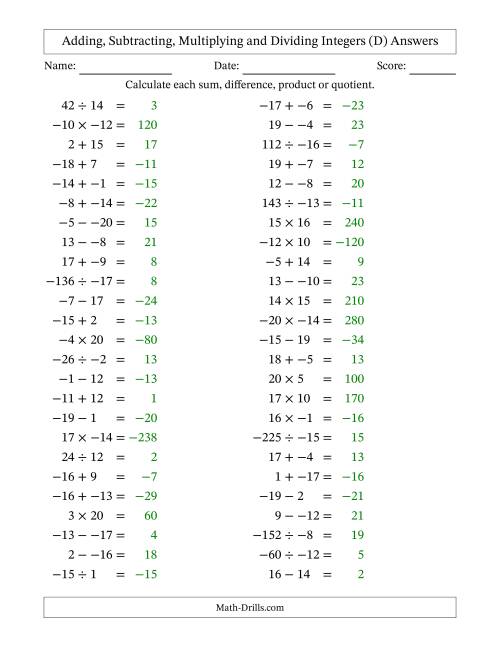 The Adding, Subtracting, Multiplying and Dividing Mixed Integers from -20 to 20 (50 Questions; No Parentheses) (D) Math Worksheet Page 2