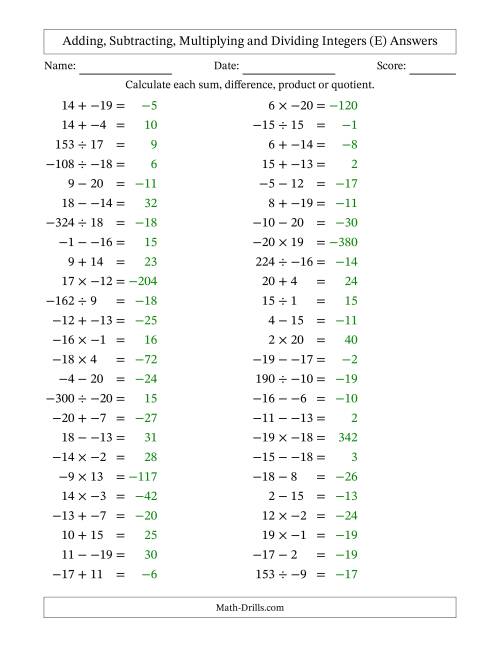 The Adding, Subtracting, Multiplying and Dividing Mixed Integers from -20 to 20 (50 Questions; No Parentheses) (E) Math Worksheet Page 2