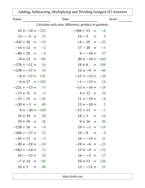 The Adding, Subtracting, Multiplying and Dividing Mixed Integers from -20 to 20 (50 Questions; No Parentheses) (F) Math Worksheet Page 2